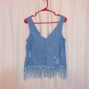 American eagle light denim ripped top fringe trim